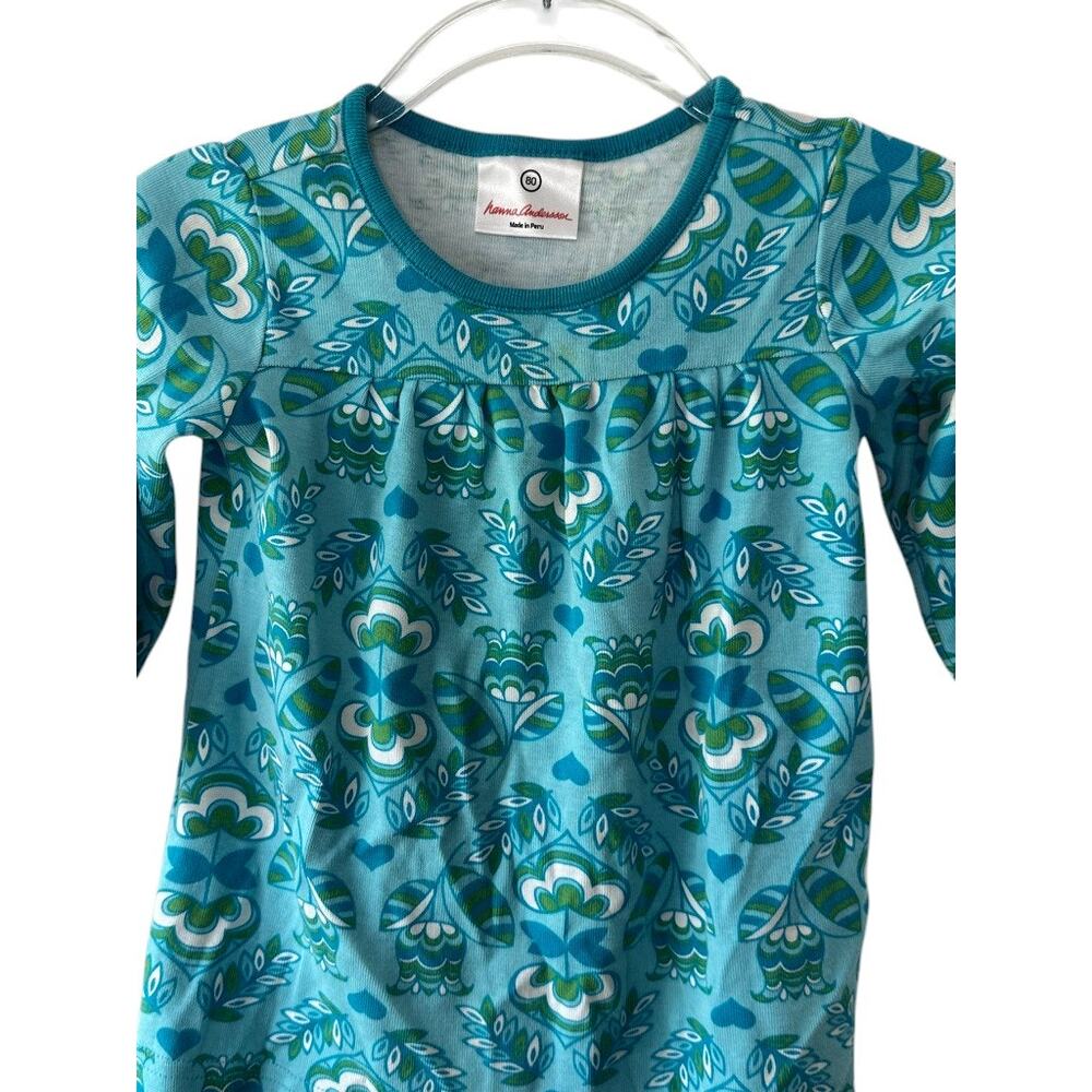 Hanna Andersson Teal Floral Print Long Sleeve Dress Sz 80 US 18-24 Months - Picture 2 of 5